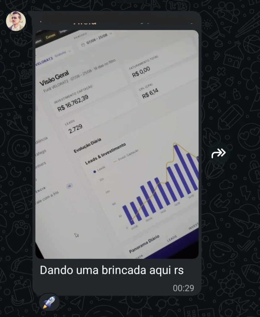 Print do WhatsApp: Davi compartilha o dashboard com leads e investimento no ar.