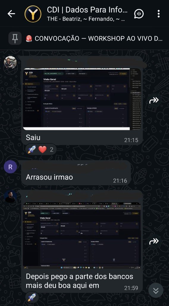 Print do WhatsApp do grupo CDI: alunos compartilhando dashboards no ar.