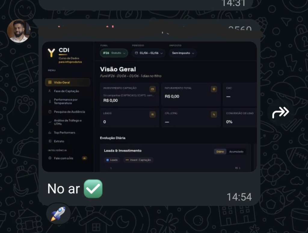 Print do WhatsApp: aluno envia o dashboard do CDI com a legenda “No ar”.