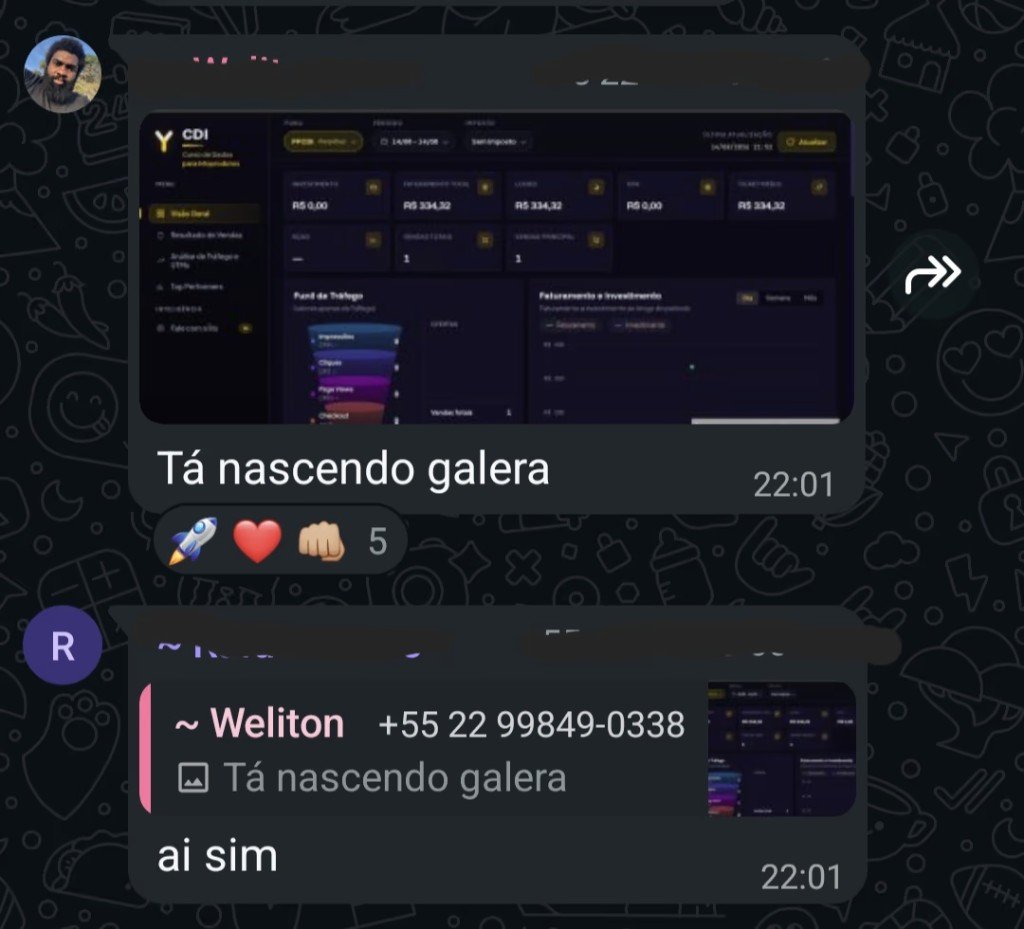Print do WhatsApp: Weliton mostra o dashboard nascendo e o grupo reage.